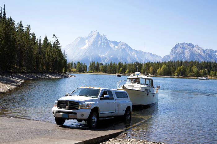 Dually Truck Launching Large Boat